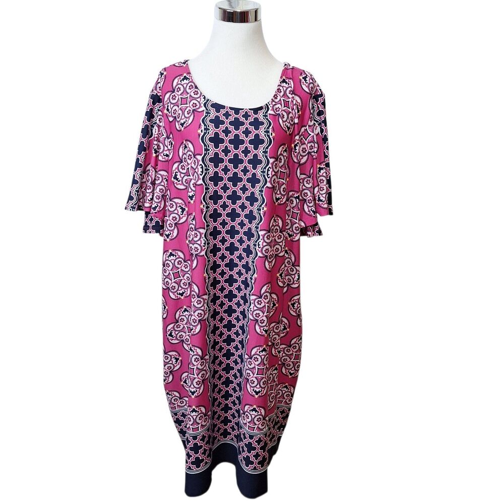 Kim Rogers‎ Curvy Womens 2X Shift Dress Pink Mixed Print Double Flutter Sleeves